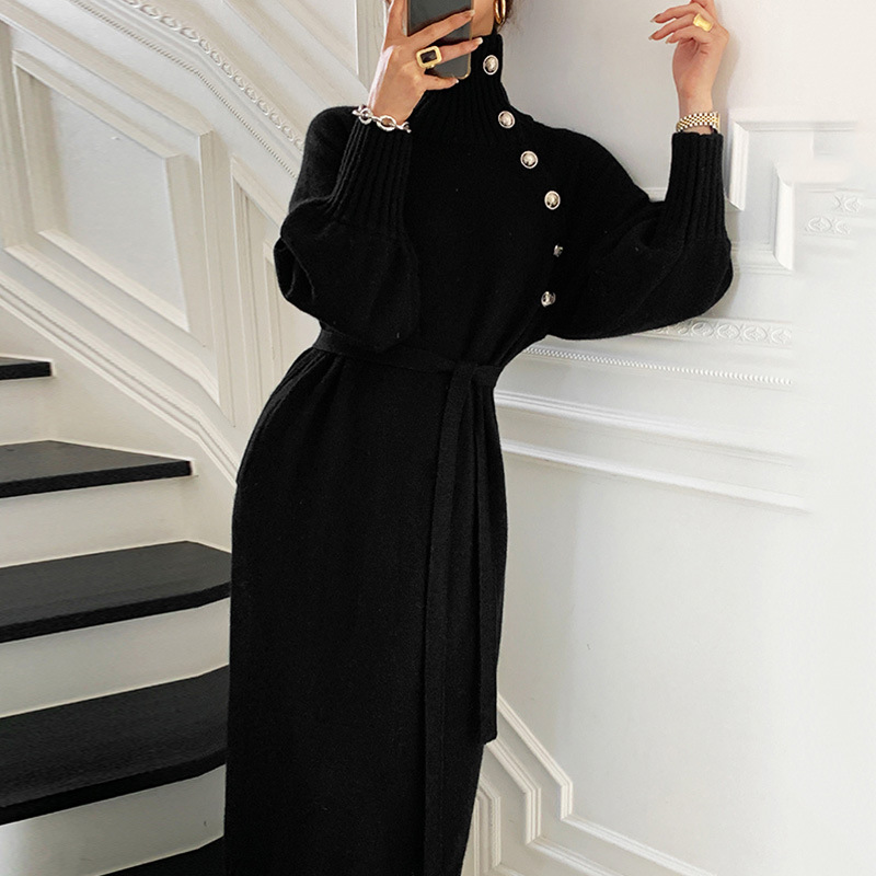 2024 Korean Autumn Winter Coat Long Knitted Women Sweater Dress Satin Long Sleeve Ladies Office Design Custom Fashion Dress