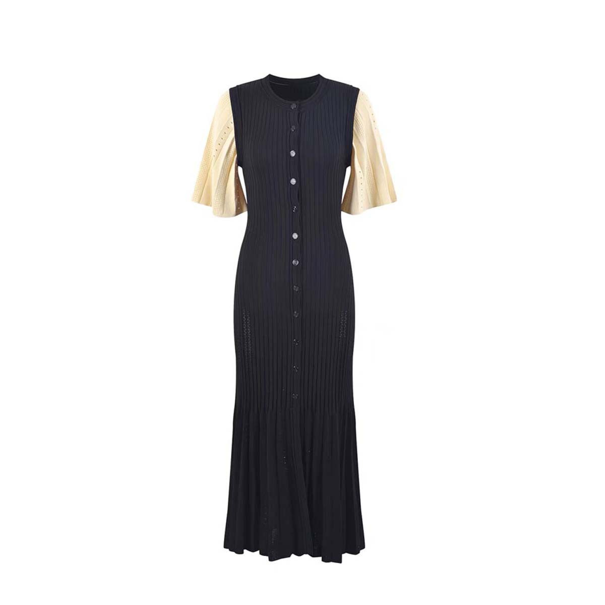 Women 2024 Ramadan  Fashion Temperament O-neck Slim Mermaid Button Down Knitted Short Sleeved Midi Robe Sandro Dress