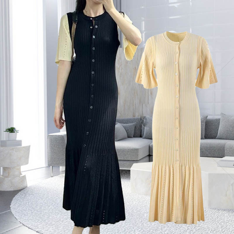 Women 2024 Ramadan  Fashion Temperament O-neck Slim Mermaid Button Down Knitted Short Sleeved Midi Robe Sandro Dress
