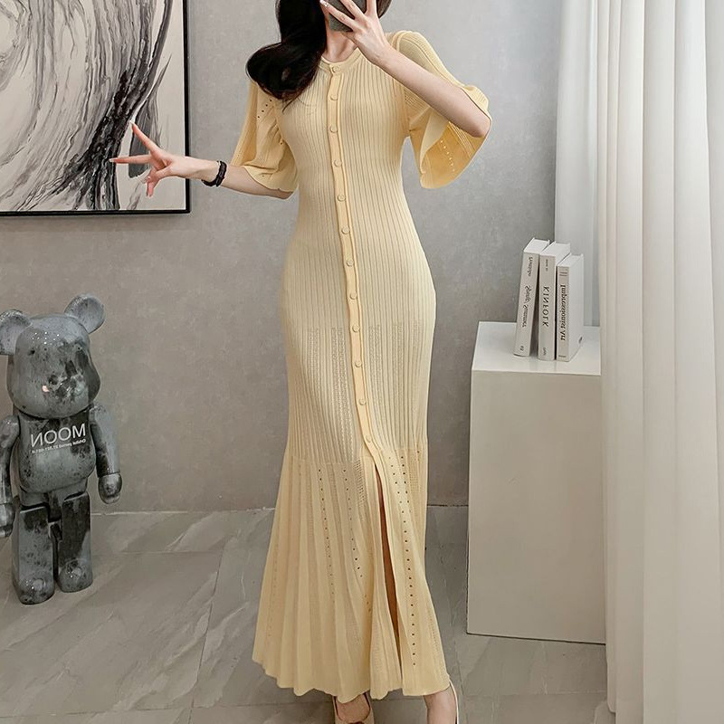 Women 2024 Ramadan  Fashion Temperament O-neck Slim Mermaid Button Down Knitted Short Sleeved Midi Robe Sandro Dress
