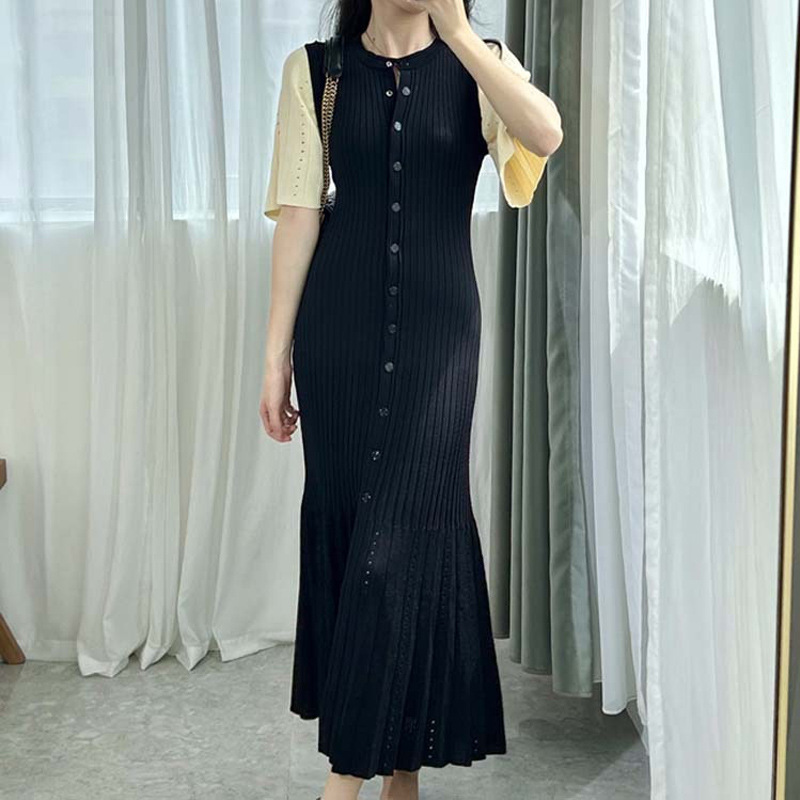 Women 2024 Ramadan  Fashion Temperament O-neck Slim Mermaid Button Down Knitted Short Sleeved Midi Robe Sandro Dress