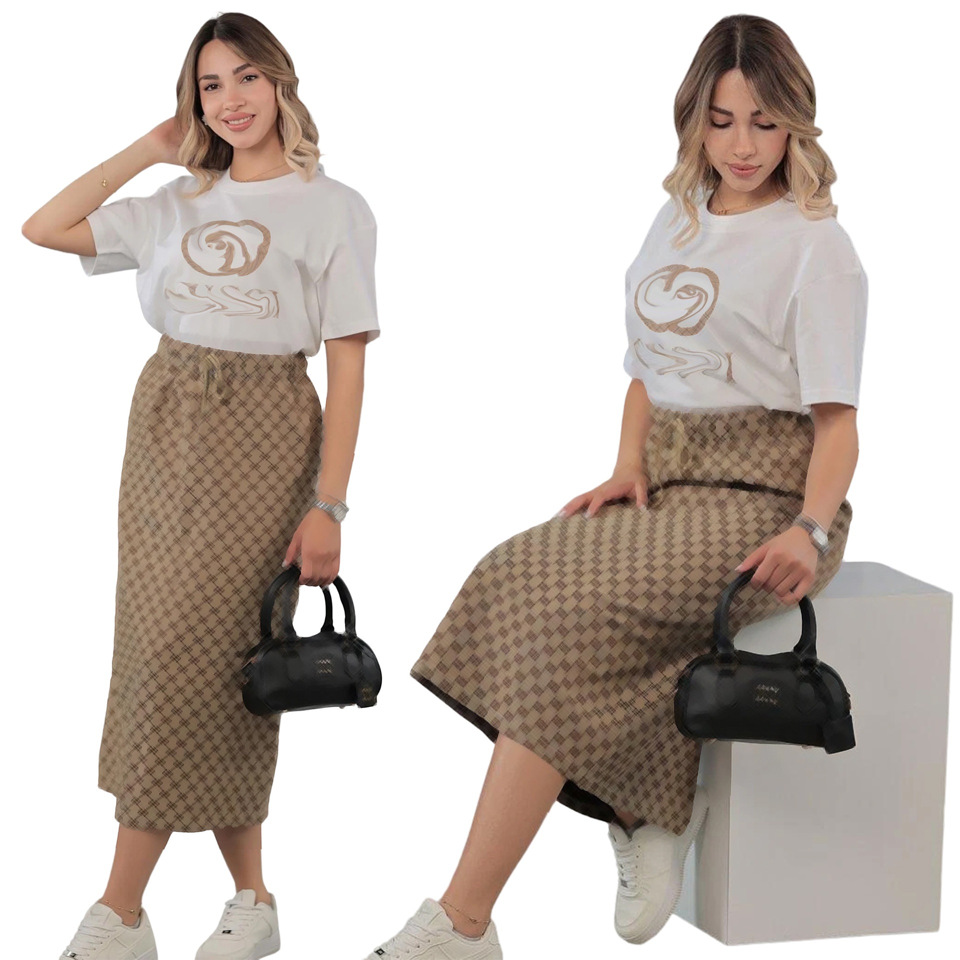 2025 European American Cool  Mid-Length Skirt Suit for Women Floral New Fashion Elegant Casual Short-Sleeved Slim Loose