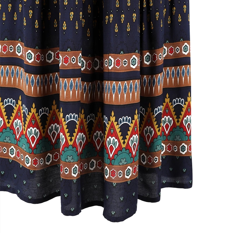 Fashion Bohemian Long Skirt Women's Elegant Holiday Summer Casual High Elastic Waist Skirt Floral Print Sea Blue Retro Skirt
