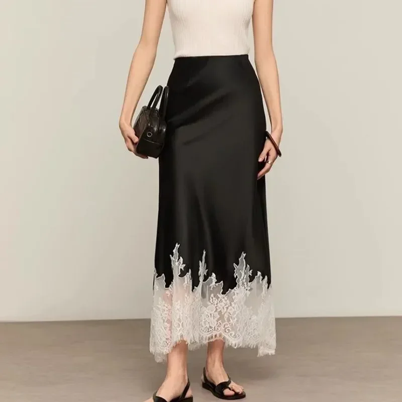 Fairy Lace-Trim Midi Skirt High Waist Elegant Wrapped Hip Long Skirts Party 2025 Fashion Trends Summer Women Clothing