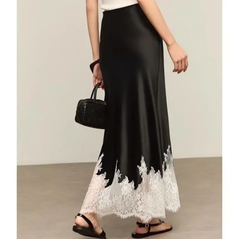Fairy Lace-Trim Midi Skirt High Waist Elegant Wrapped Hip Long Skirts Party 2025 Fashion Trends Summer Women Clothing