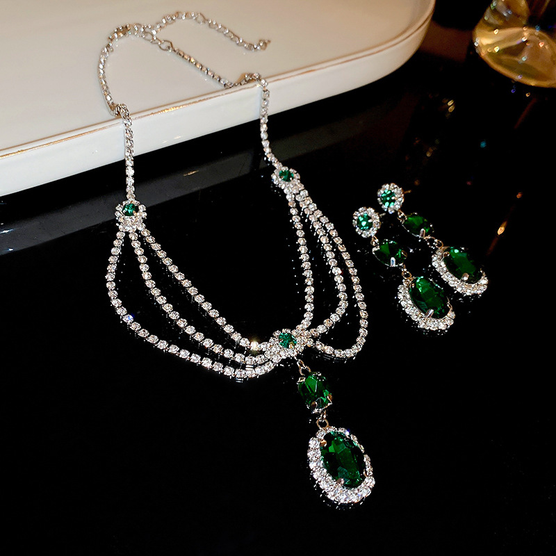 Women's Retro Silver Diamond Multi-layer European and American Style Elegant and  Luxury Necklace and Earrings Set