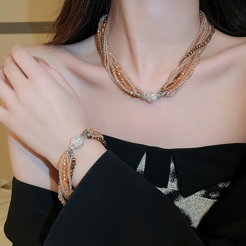 Fashion Women's Diamond Crystal Multilayer Bead Wound Artificial Crystal Necklace Fashionable and Elegant Charm Necklaces