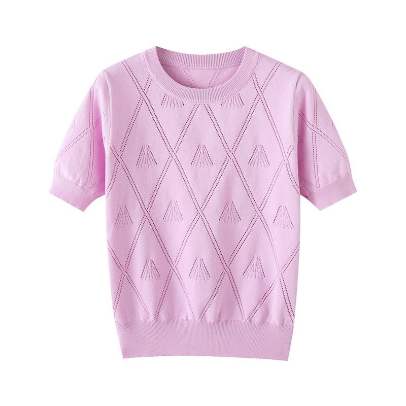 Customizable Cotton Crochet Knitted Women's Summer T-Shirt Factory's New Slim Ice Silk Top Loose Casual Short-Sleeved Design