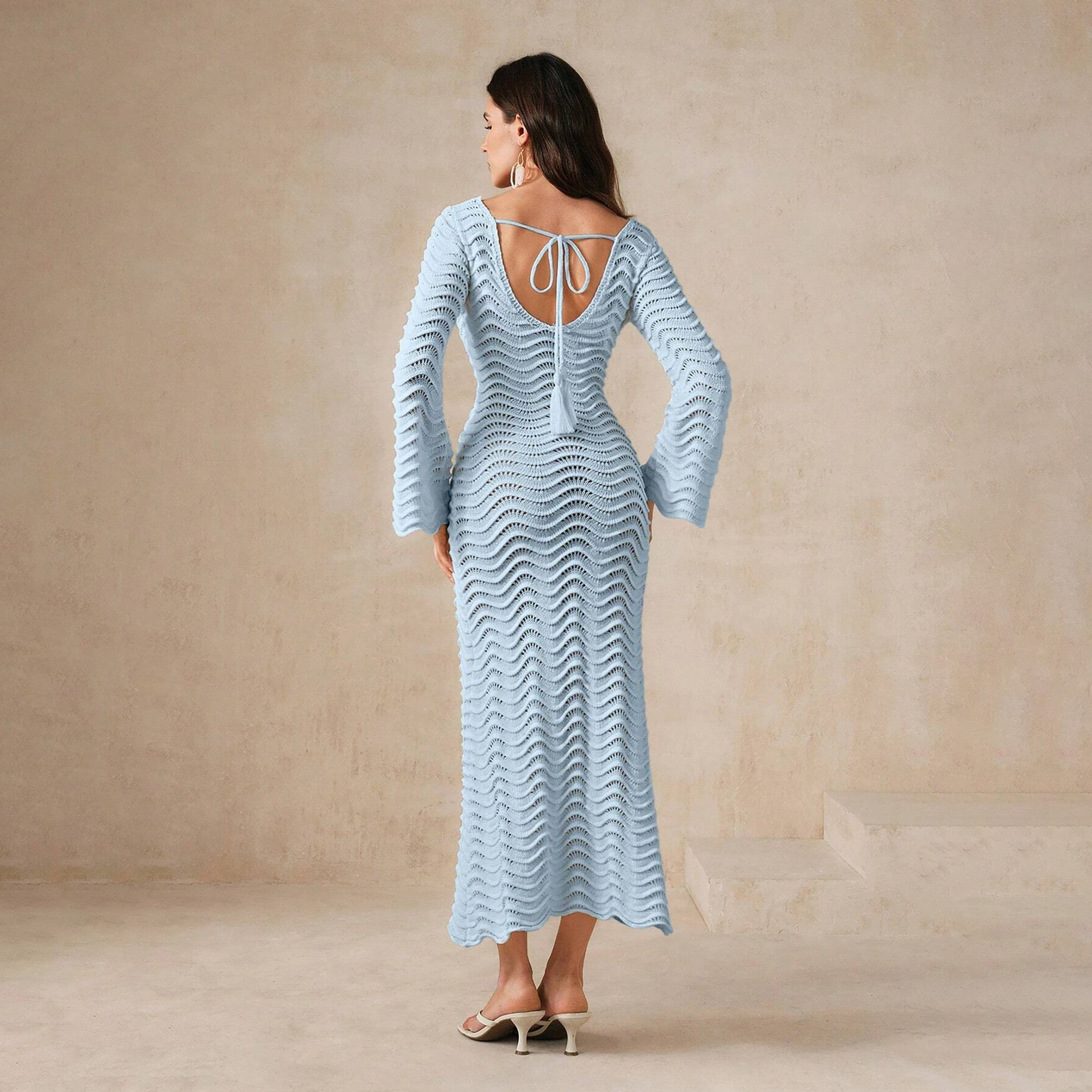 2025 New Product! European American Women's Solid Color Sexy Knitted Beach Bikini Swimsuit Cover up Sunscreen Dress