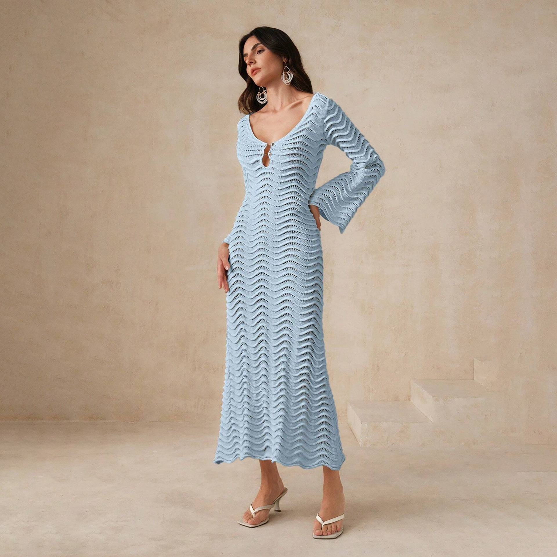 2025 New Product! European American Women's Solid Color Sexy Knitted Beach Bikini Swimsuit Cover up Sunscreen Dress