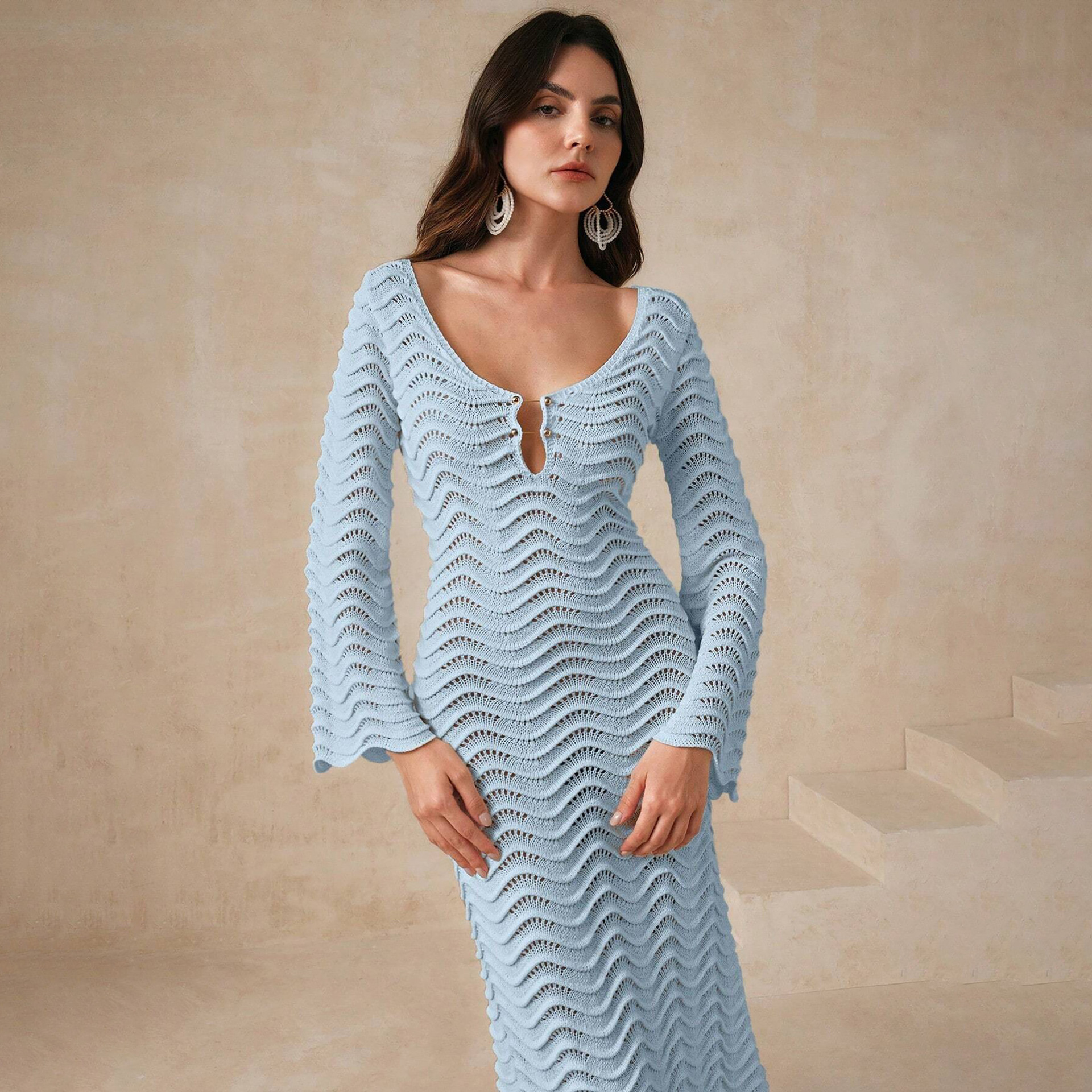 2025 New Product! European American Women's Solid Color Sexy Knitted Beach Bikini Swimsuit Cover up Sunscreen Dress