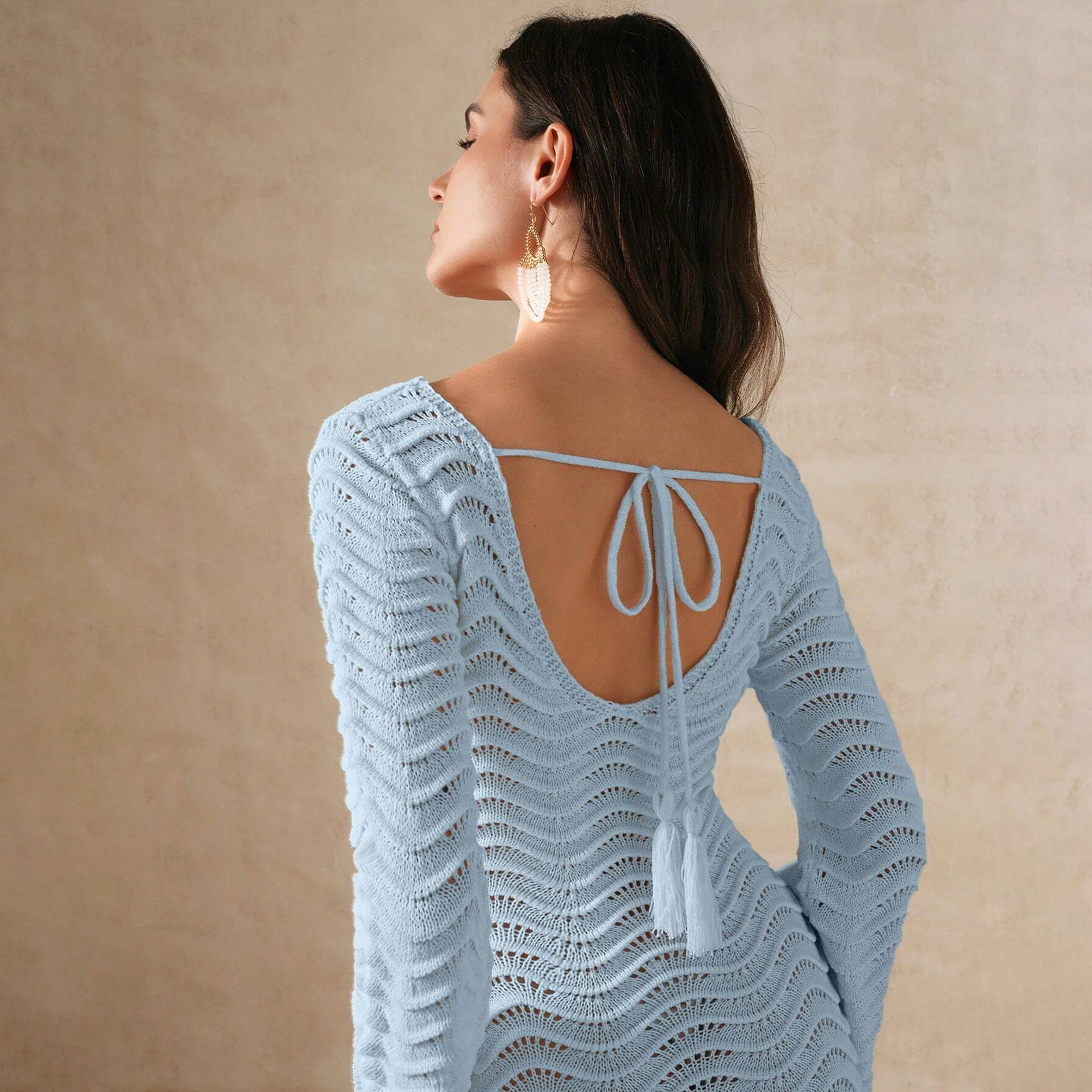 2025 New Product! European American Women's Solid Color Sexy Knitted Beach Bikini Swimsuit Cover up Sunscreen Dress