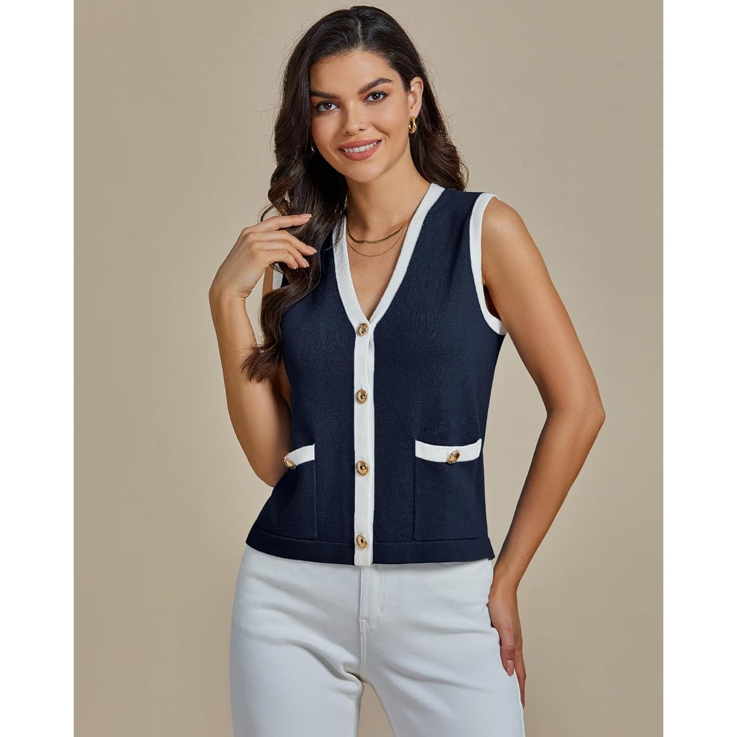 2025 Women's Trendy Colorblock Button Down Dressy Casual Sleeveless Summer Sweater Vest with Pockets for Spring Season