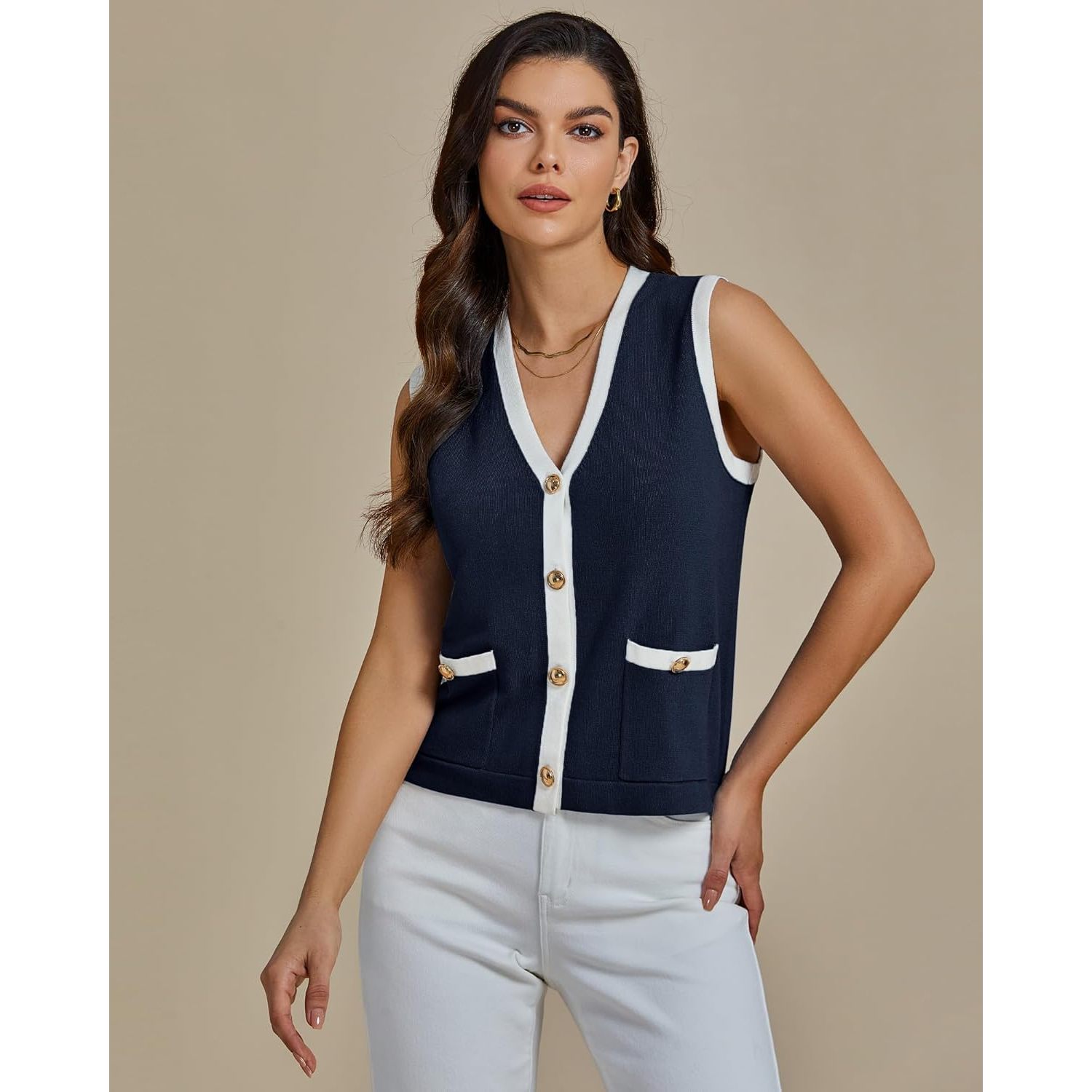 2025 Women's Trendy Colorblock Button Down Dressy Casual Sleeveless Summer Sweater Vest with Pockets for Spring Season
