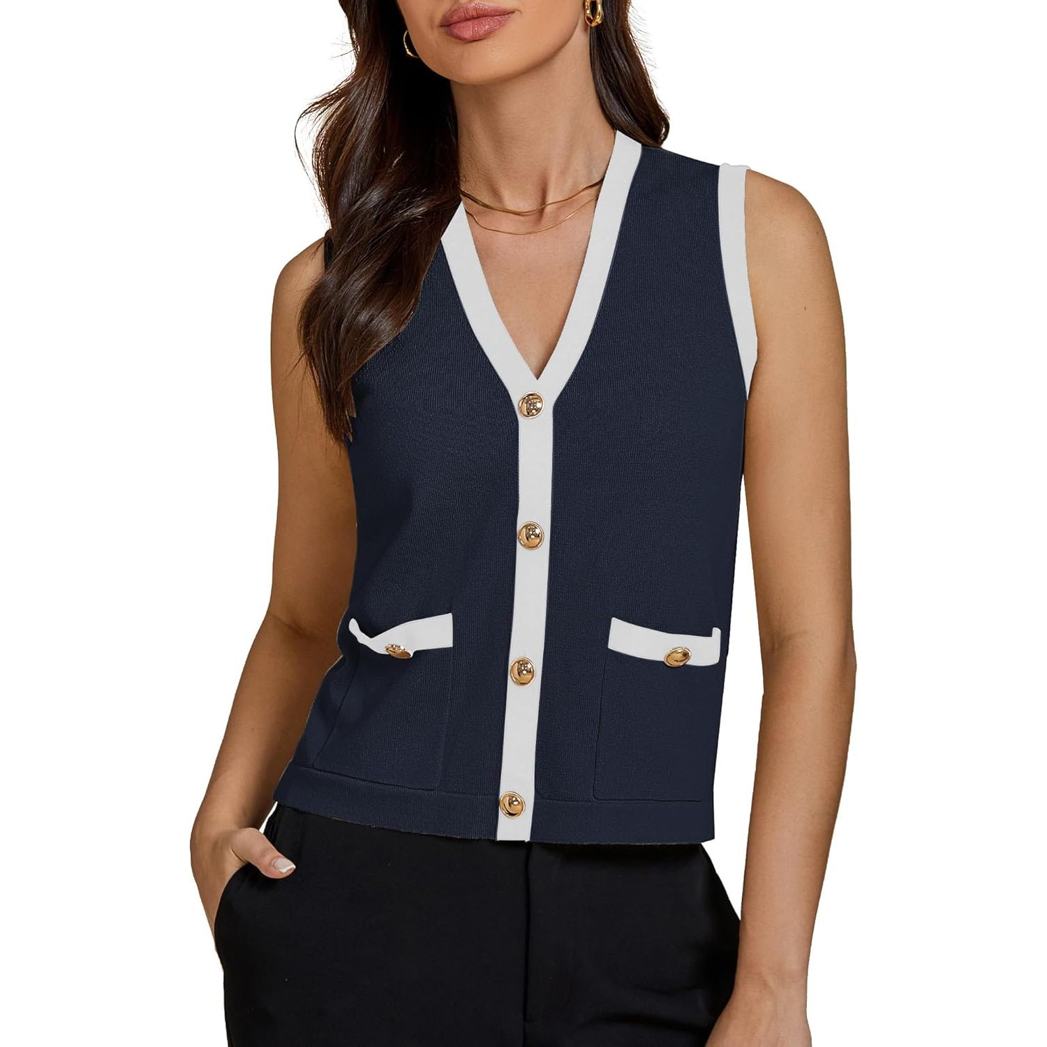 2025 Women's Trendy Colorblock Button Down Dressy Casual Sleeveless Summer Sweater Vest with Pockets for Spring Season