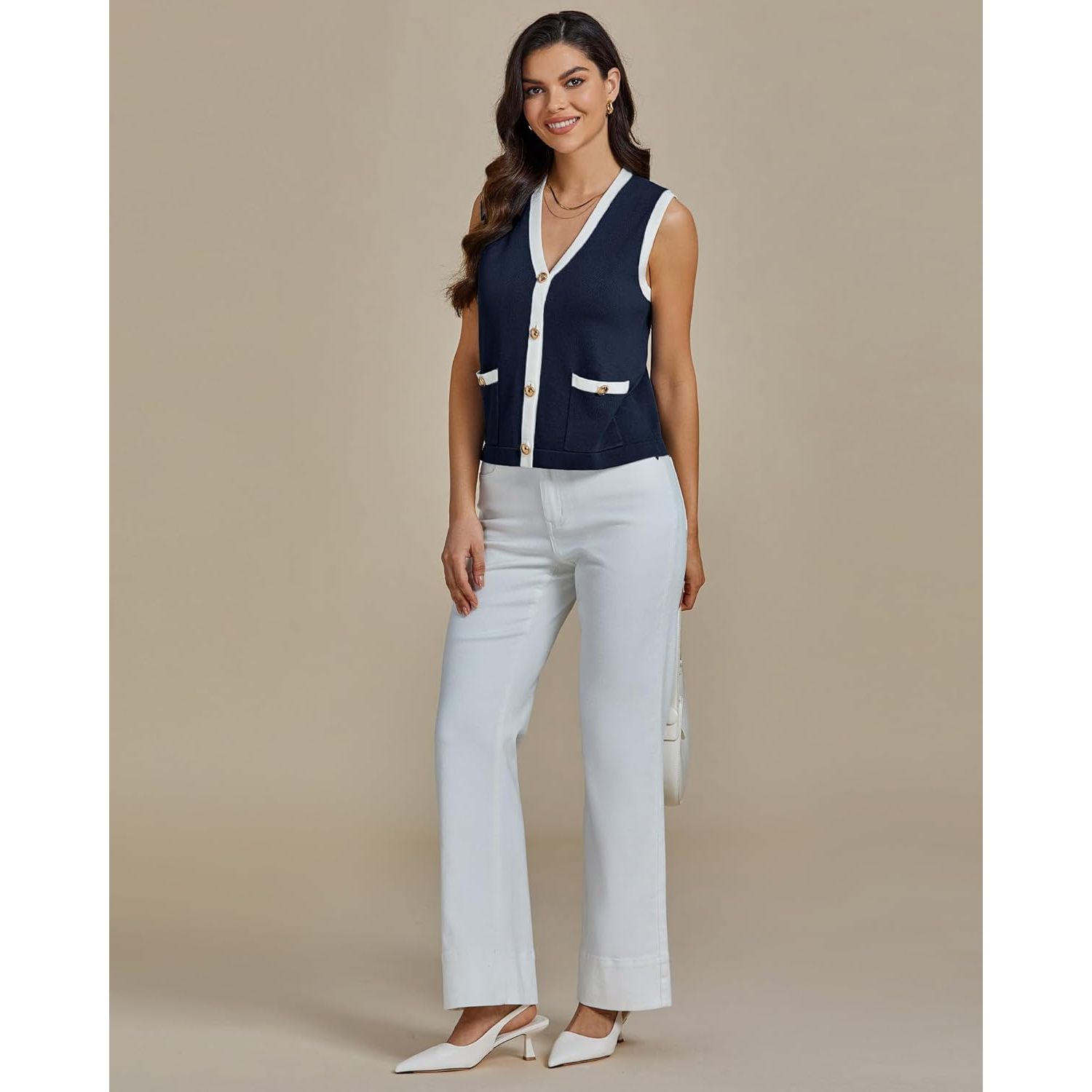 2025 Women's Trendy Colorblock Button Down Dressy Casual Sleeveless Summer Sweater Vest with Pockets for Spring Season