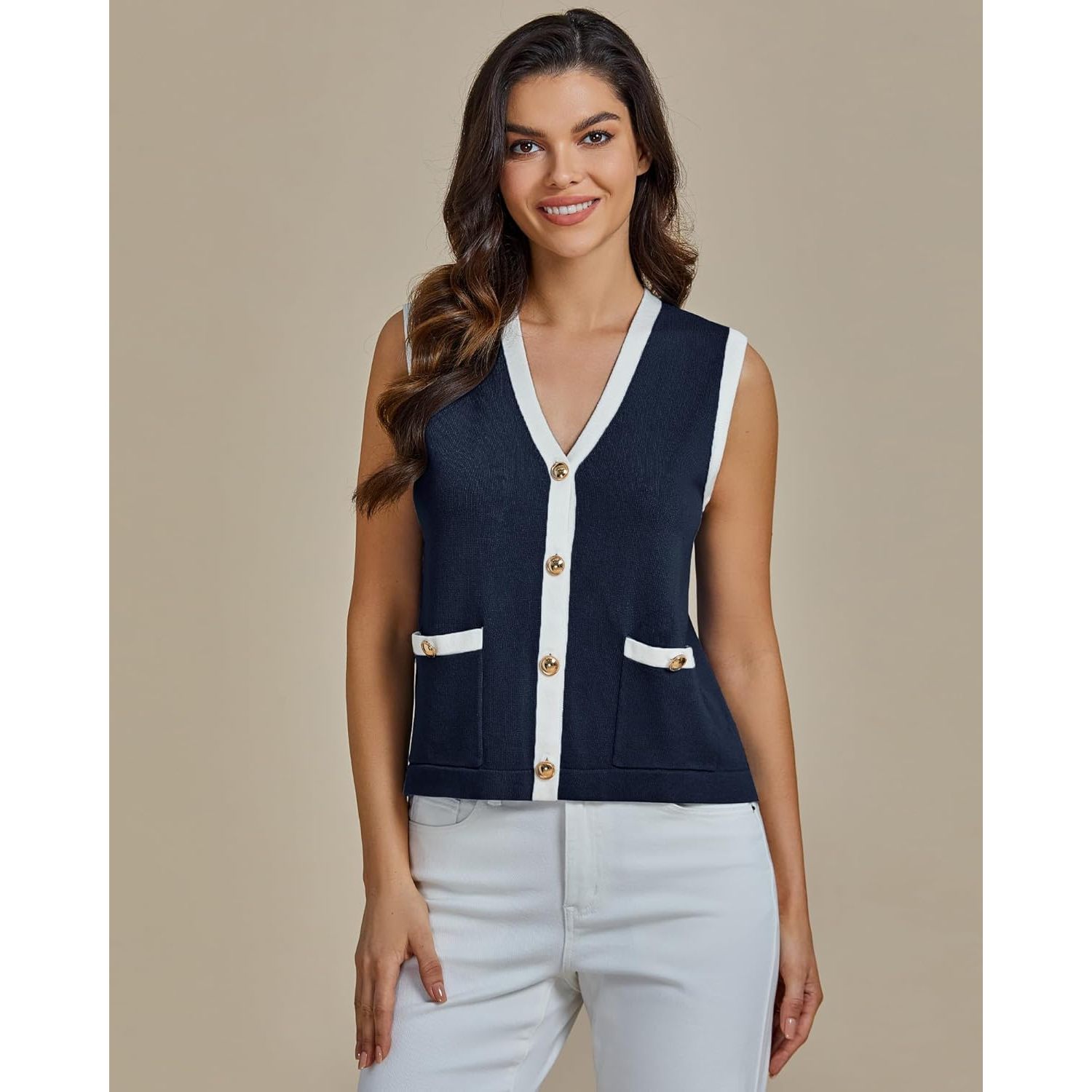 2025 Women's Trendy Colorblock Button Down Dressy Casual Sleeveless Summer Sweater Vest with Pockets for Spring Season